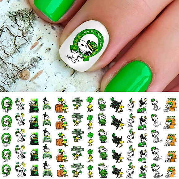 💌BO/GO$6☘️ Snoopy St. Patrick’s Day Clover Nail Decals  Transfer Nail Decals - Picture 2 of 5